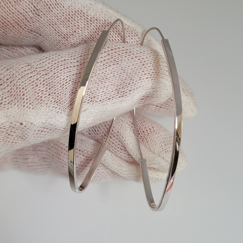 10k Solid White Gold Oval Hoop Earrings, Approx 3"L.